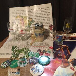 LOT OF BEER ADVERTISING GLASS POSTERS PINS HAMM'S LOWENBRAU MILLER OLD STYLE